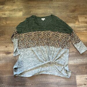 Umgee Leopard Long Sleeve Heathered Colorblock Oversize Top Olive Small